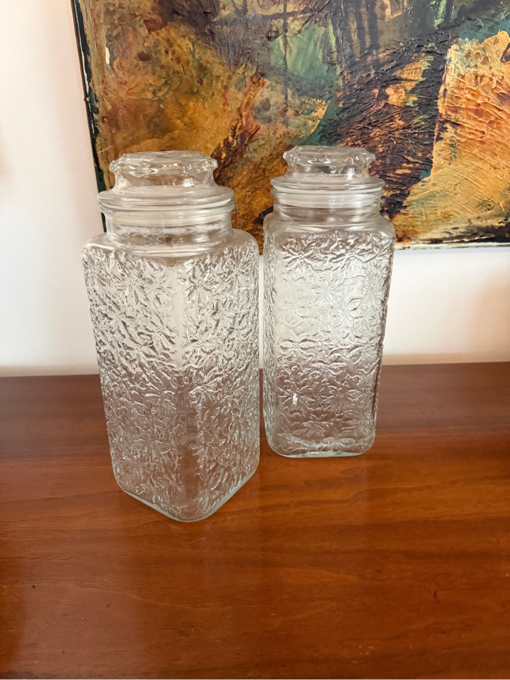 Princess House Fantasia Clear Textured Glass Canister Pair with Lids - set of 2